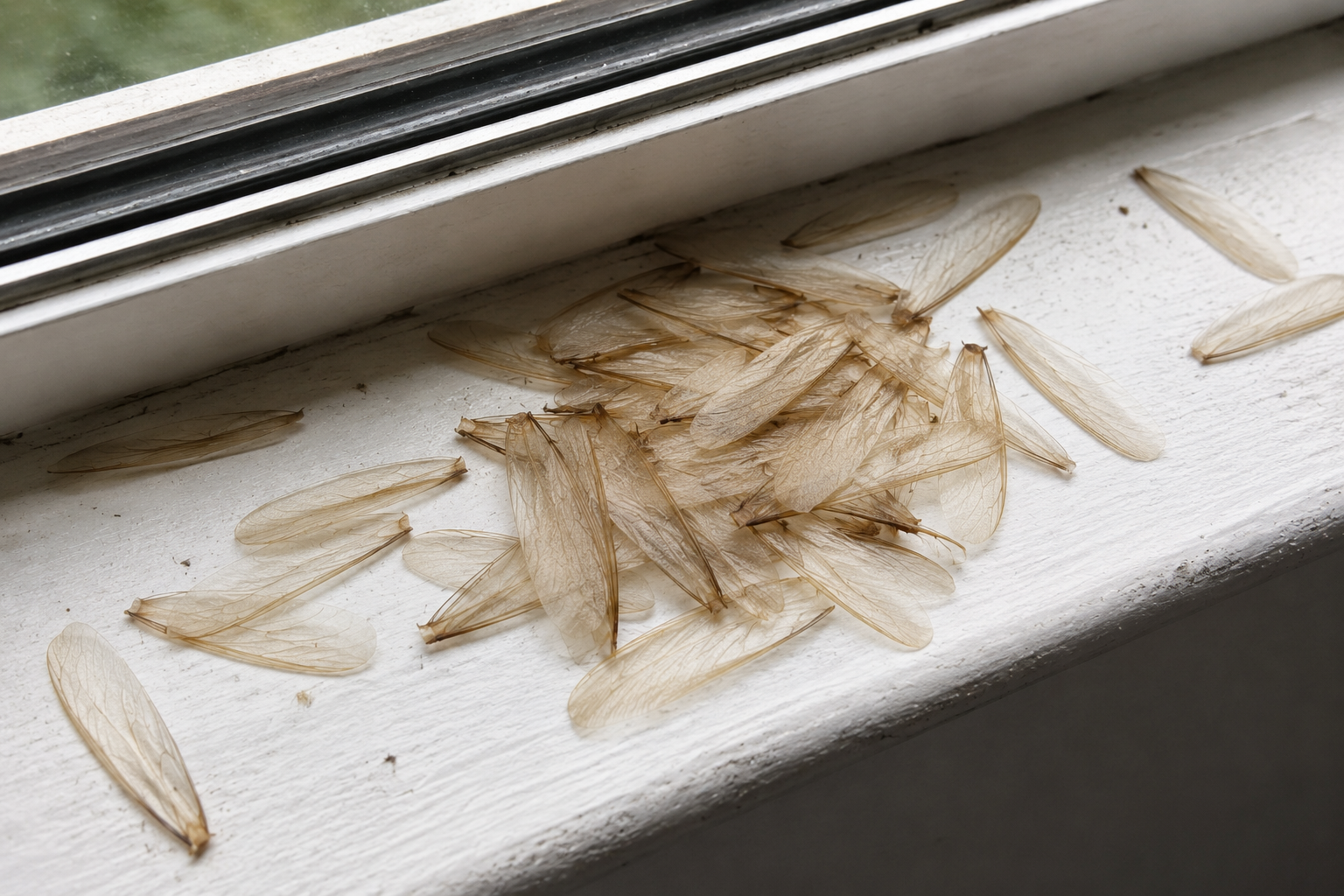 Discarded termite wings on a windowsill after a swarm