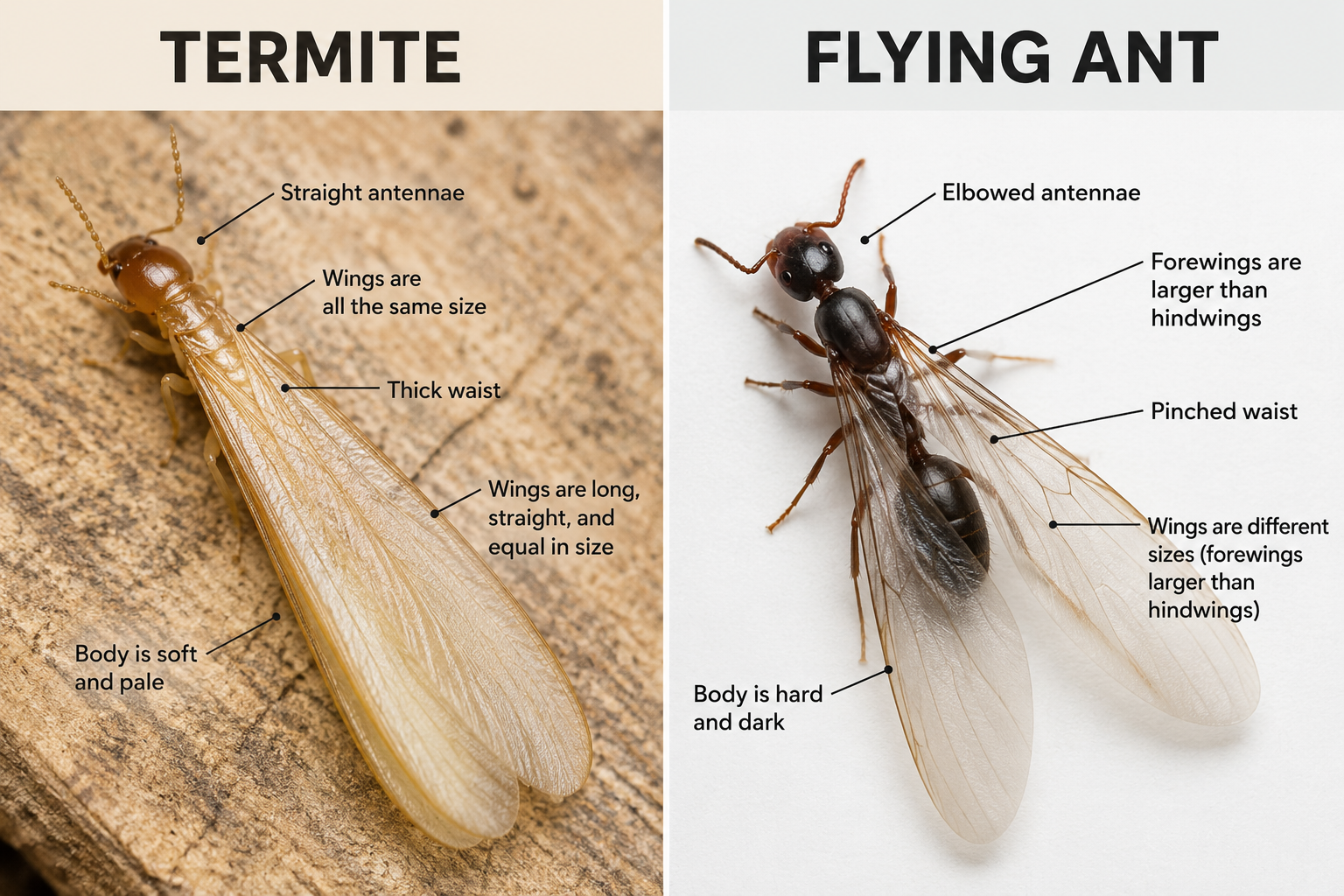 Diagram comparing a termite swarmer and a flying ant: antennae, waist and wing differences